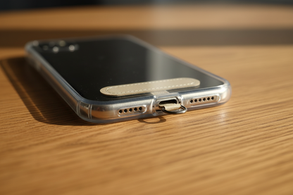 Linguetta sotto cover trasparente su smartphone appoggiato a testa in giù sul tavolo